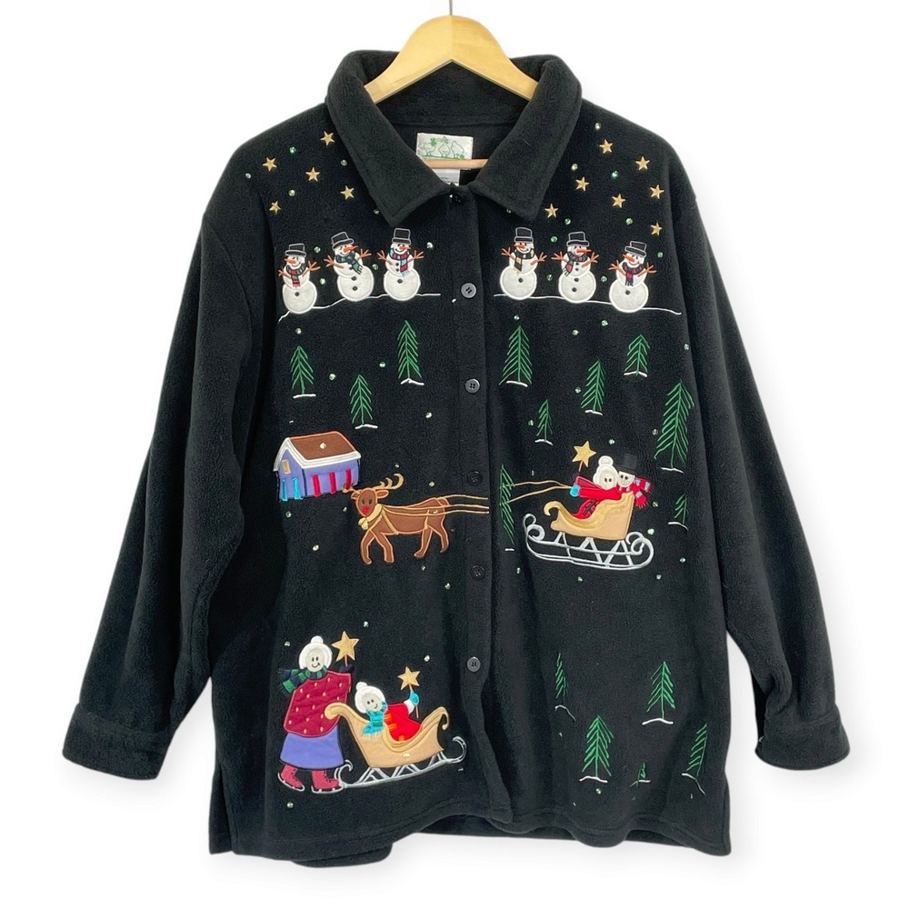 VTG Quacker Factory Fleece Christmas Jacket Womens 1X Embroidery Sequin Snowmen